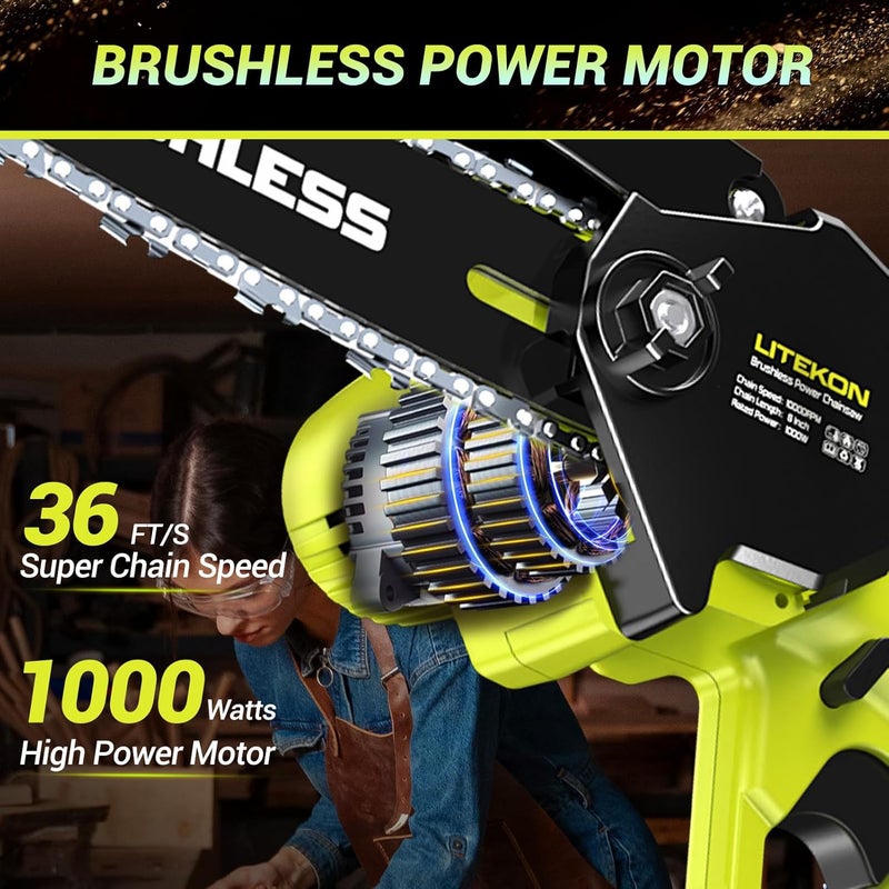 LITEKON Brushless Mini Chainsaw with 1000W High Power Motor, 36 FT/S 6Inch Cordless Power Chainsaw with Auto-Oil System, 2025 Upgraded 20V Electric Chain Saw with 2x2000mAh Battery & Quick Charger, 3 Chains - Image 2